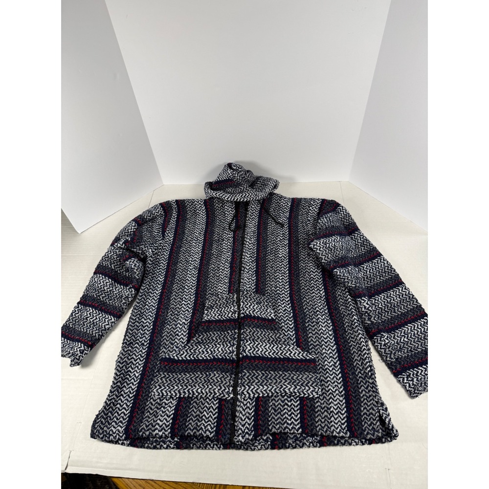 Baja Joe Mens XL Full Zip Hoodie Mexican Drug Rug Striped Jacket Navy White Red